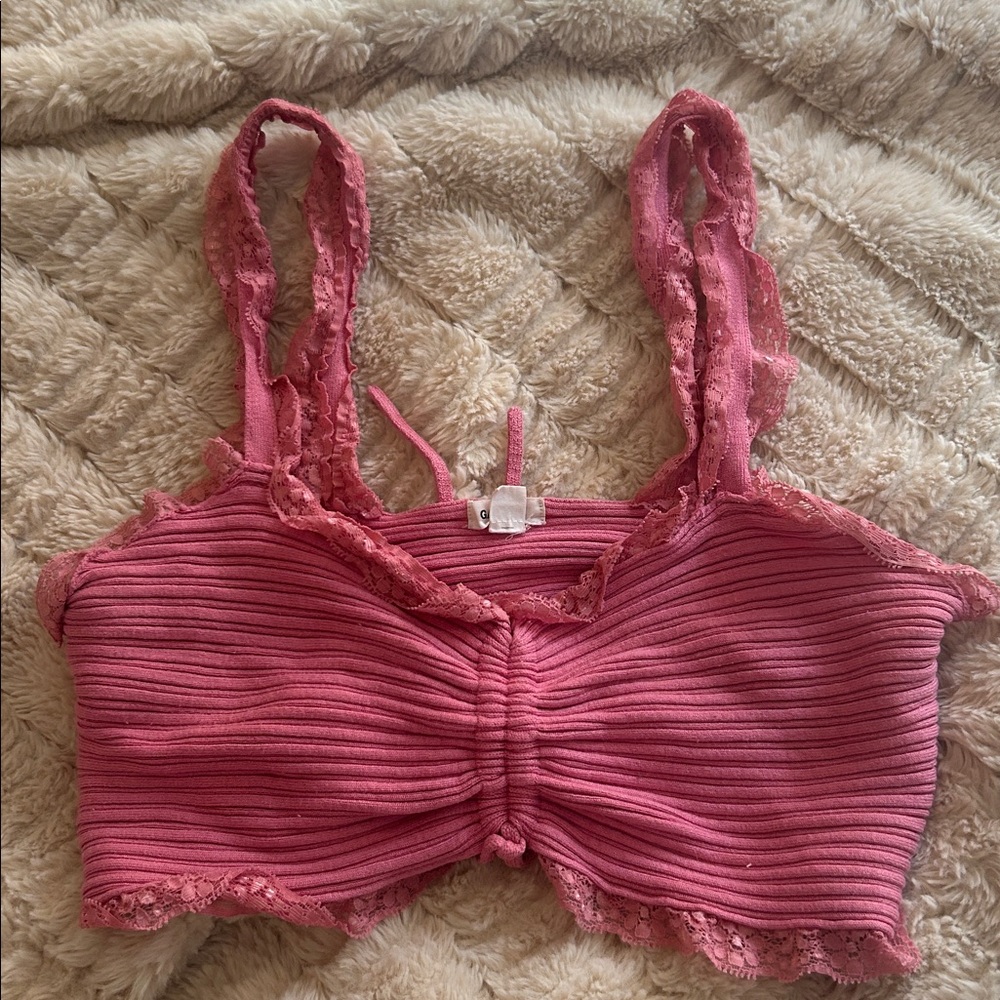 Garage Dusty Rose Ribbed Lace Trim Top